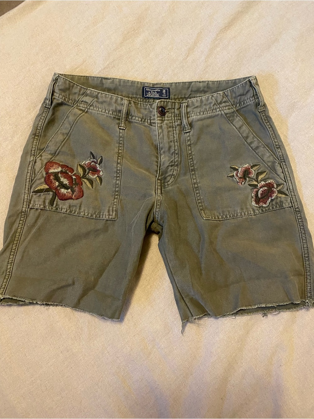 Abercrombie & Fitch Olive Green Cargo Shorts with Floral Embroidery LOWRISE
